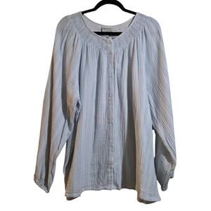 Ava & Viv Womens Plus Size 2X Blue White Cotton Gauze Coastal Cottage Casual LS